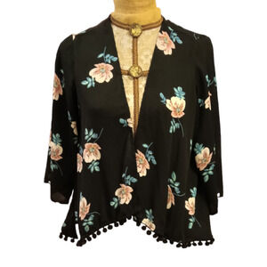 Black Sheer Floral Fringe Trim lightweight Kimono